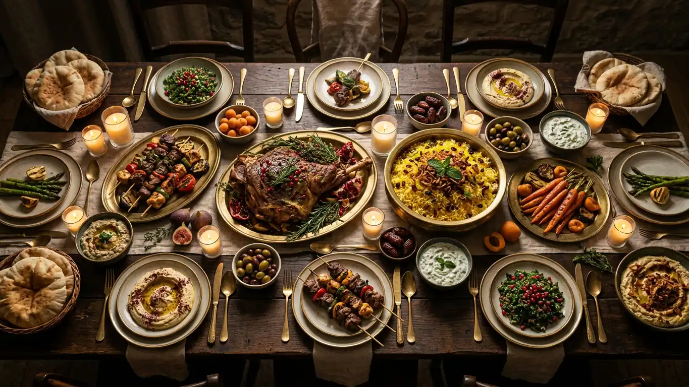 Long banquet table laden with brass platters of roasted lamb, biryani, kebabs and mezze by candlelight