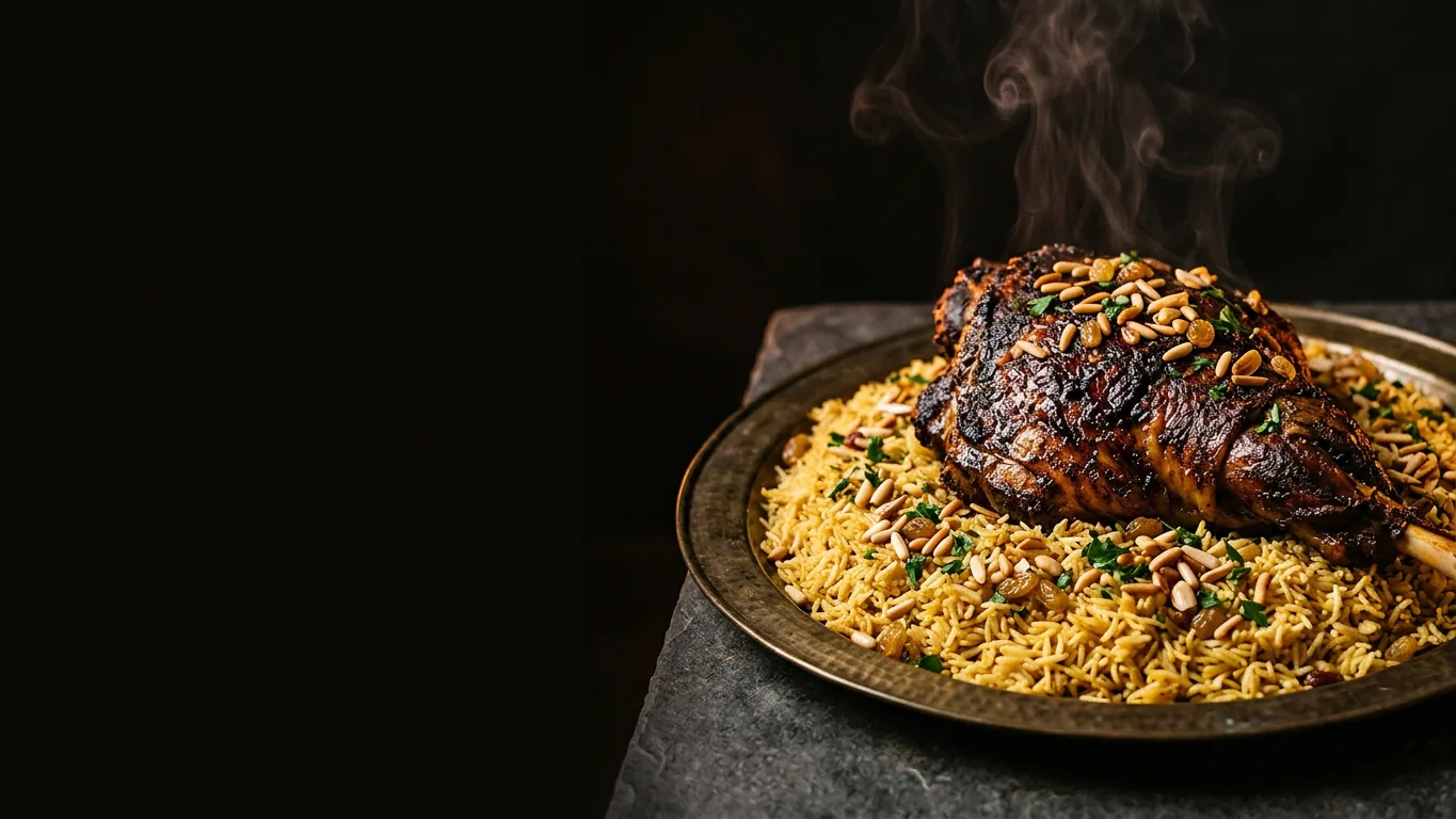 Whole slow-roasted lamb ouzi on a hammered brass platter over saffron rice, steam rising