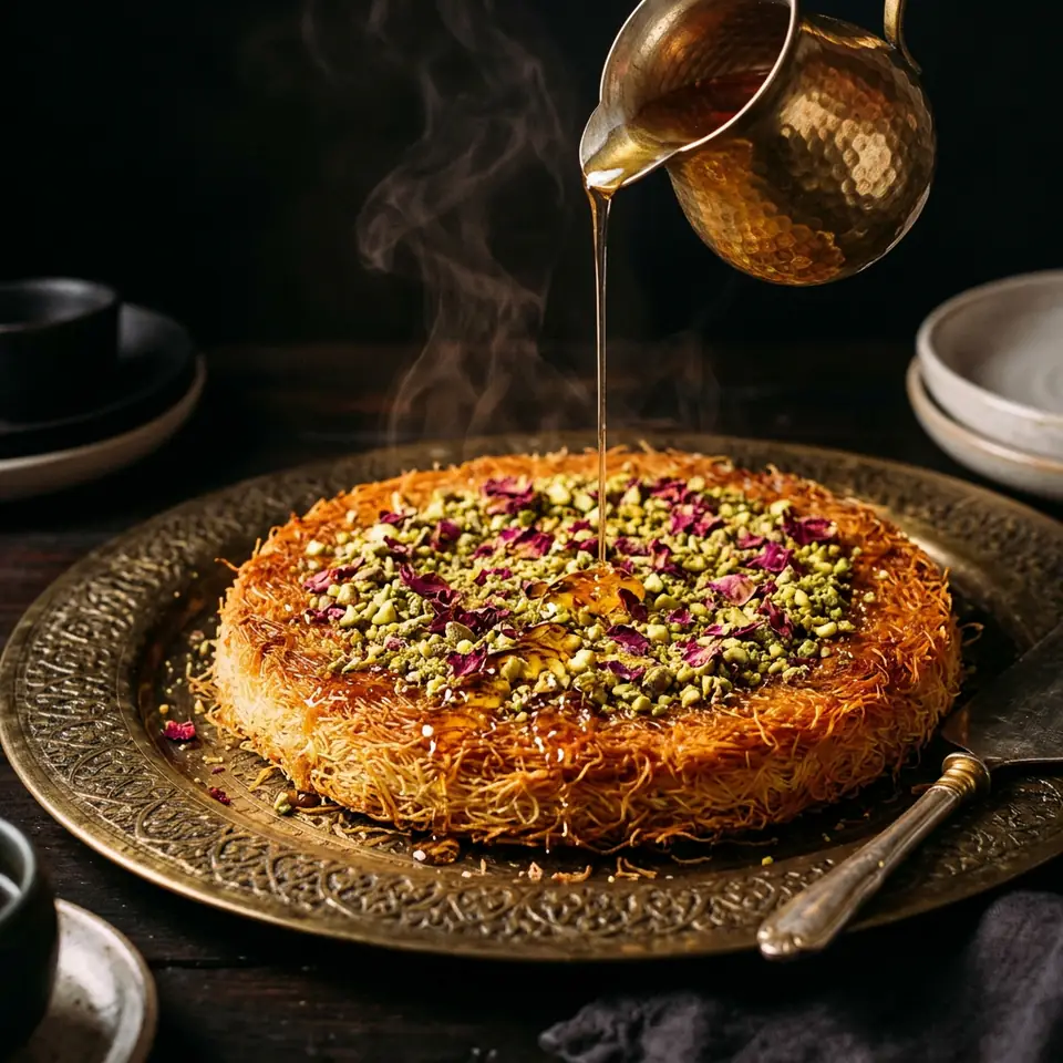 Golden kunafa with crushed pistachio and syrup drizzle