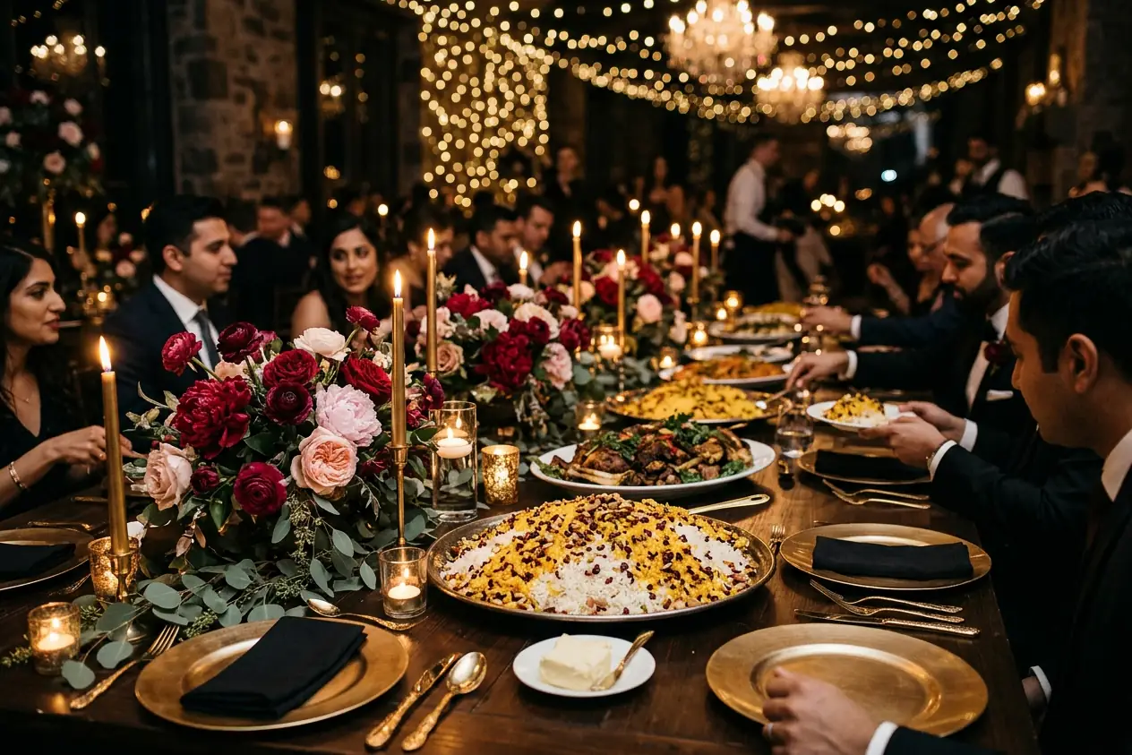 Candlelit wedding reception table with gold chargers, florals and jeweled saffron rice